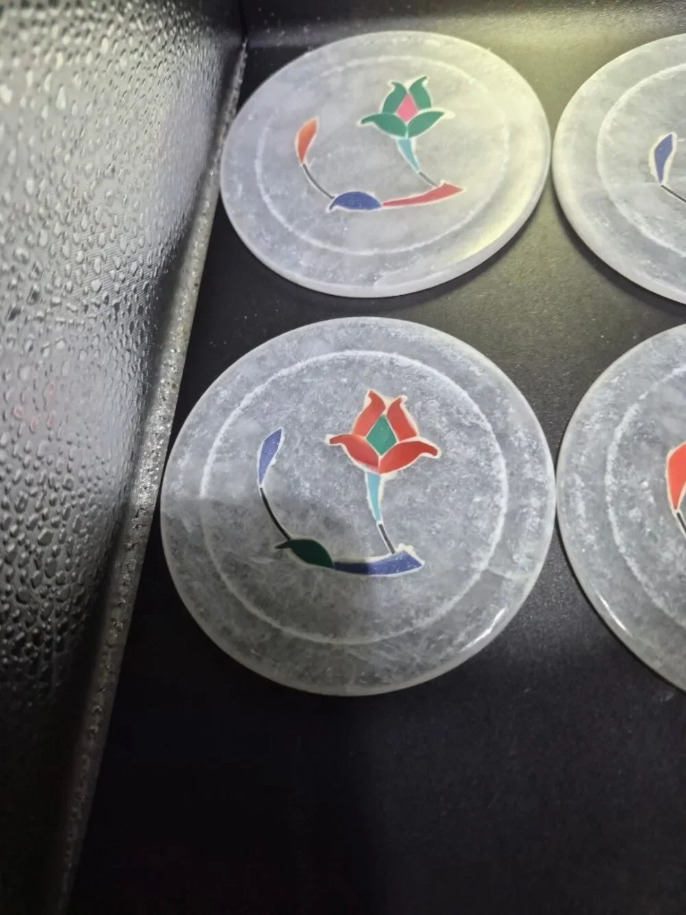 Marble Coaster Set With Floral Inlay Design 6 Coasters And Holder